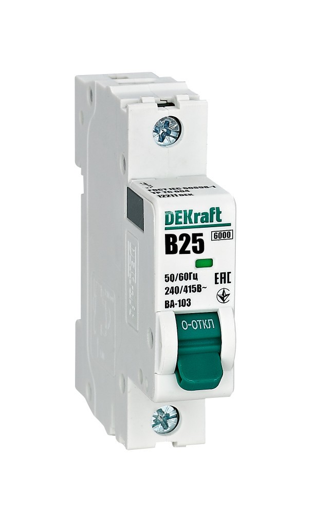 1 полюсные (однополюсные) Автоматический выключатель DEKraft 1Р 25А B ВА-103 6кА 12211DEK