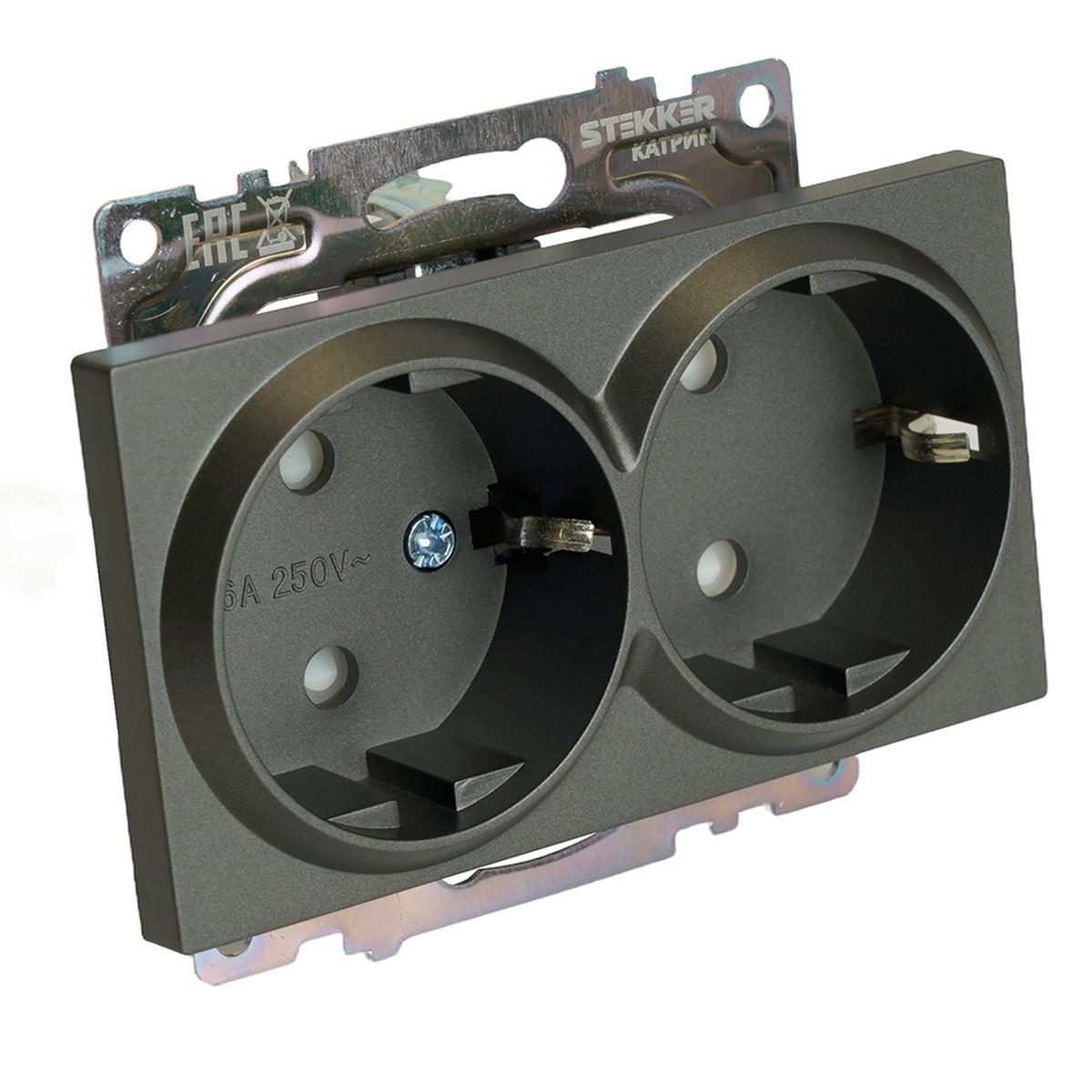 Катрин - Розетки и выключатели Stekker Розетка 2-местная с защитной шторкой STEKKER с/з  Катрин графит GLS16-7114-06 49425