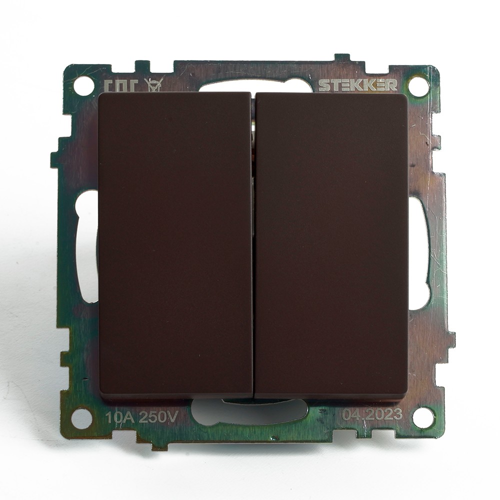 Катрин - Розетки и выключатели Stekker Переключатель 2-клавишный (механизм) STEKKER GLS10-7107-04 250V 10А Катрин шоколад 49170