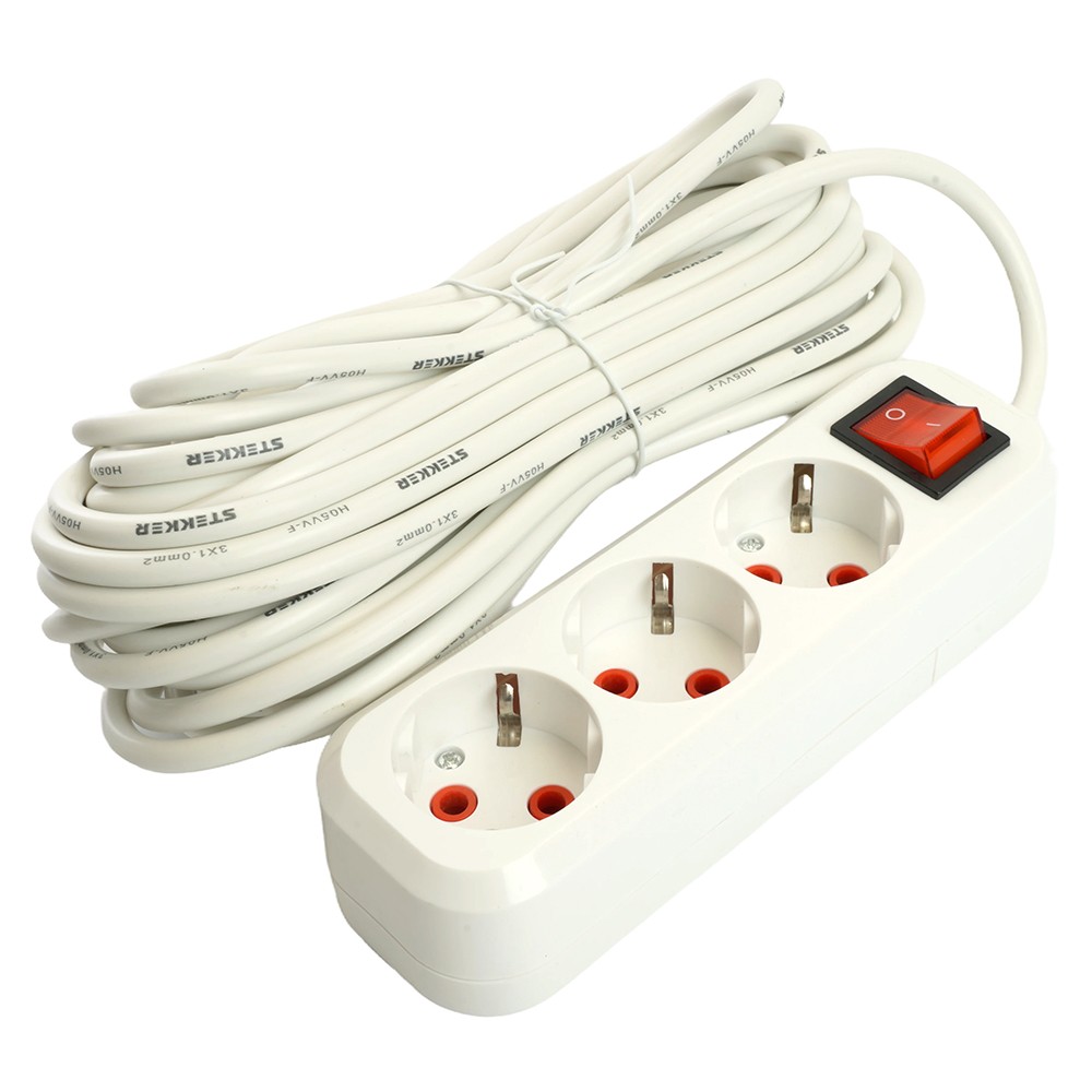 Колодки и удлинители, тройники Удлинитель STEKKER трехместный с/з с выключ. HM07-31-10 10м Home (У16А-002) белый 49357 