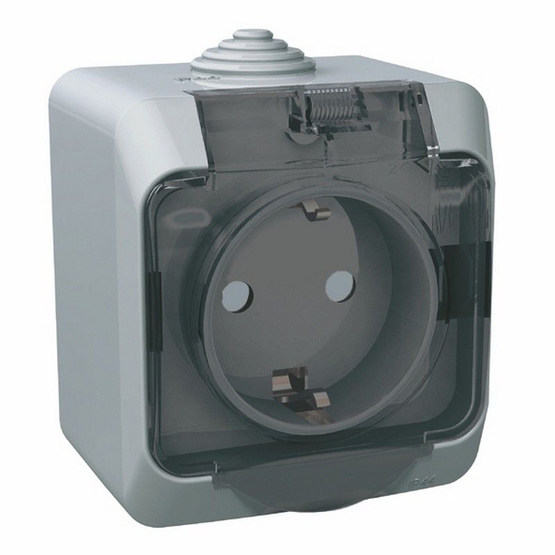 Этюд Серый Розетка 1-ая Systeme Electric Этюд наружный Серая с/з с крышкой, с защитными шторками IP44 PA16-04