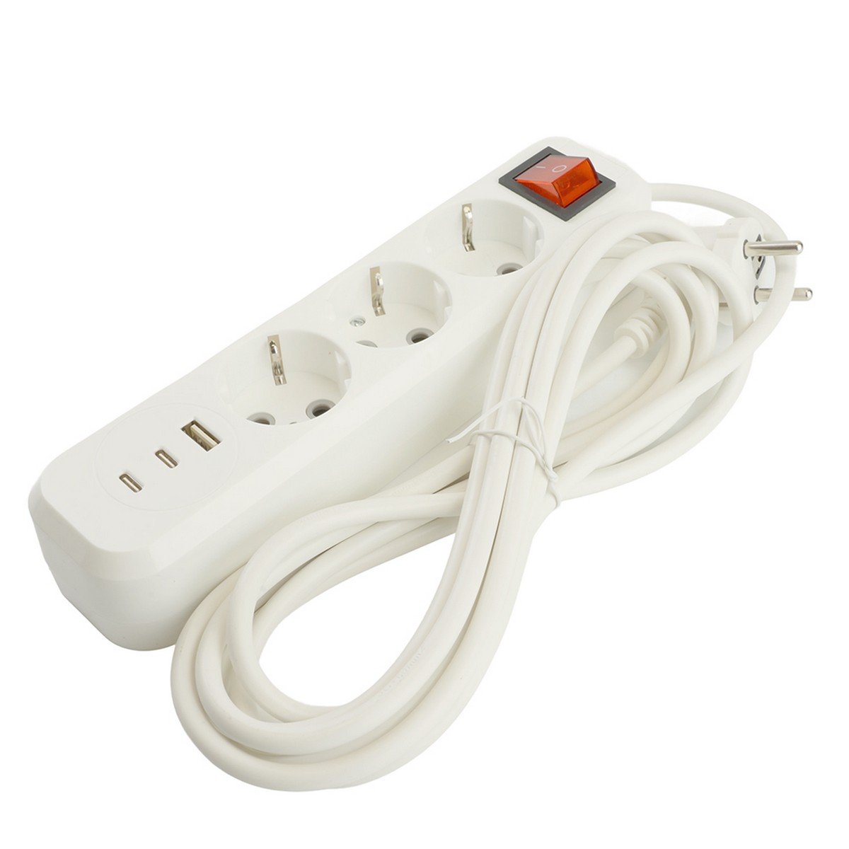 Колодки и удлинители, тройники Удлинитель 3-местный с/з с выключателем STEKKER HM071-31-05 5м 1USB+2C 2.4A Home белый 50138 