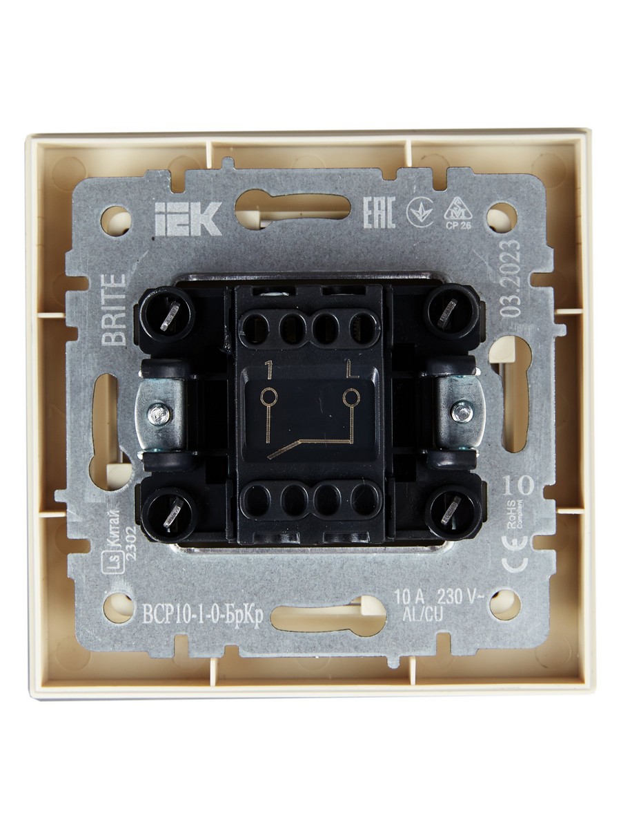 IEK Brite Бежевый Выключатель IEK BRITE Бежевый 1-кл. 10А в сборе ВСР10-1-0-БрКр BR-V10-0-10-K10-F