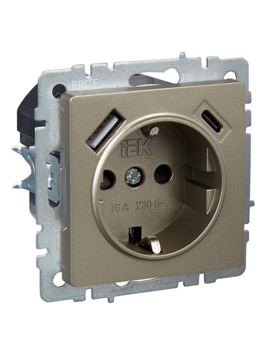 IEK Brite Шампань Розетка IEK BRITE с с/з и шторками 16А с USB A+C 18Вт РЮш11-1-БрШ шампань BR-R14-16-U22-018-K37