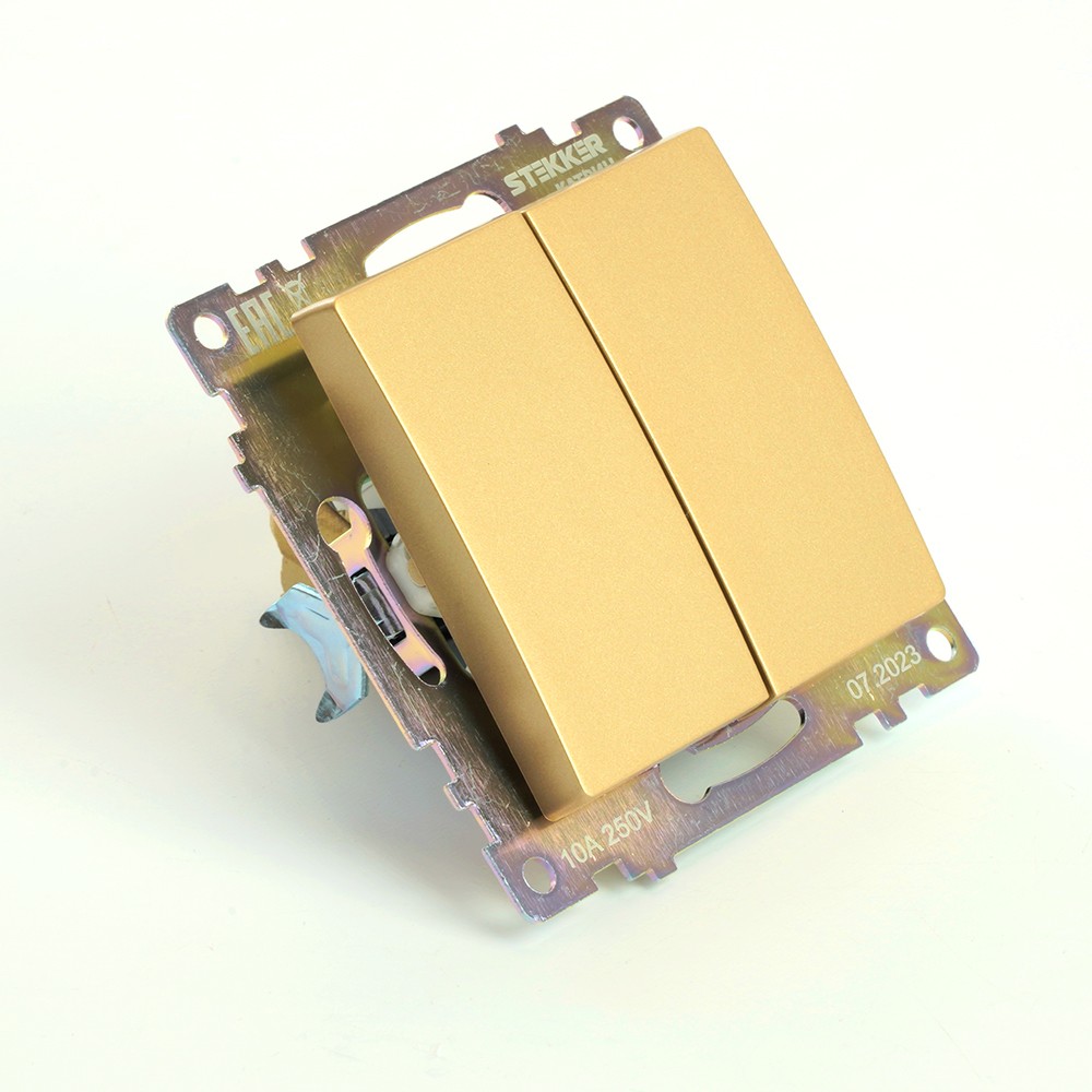 Катрин - Розетки и выключатели Stekker Переключатель 2-клавишный (механизм) STEKKER GLS10-7107-08 250V 10А  Катрин золото 49220