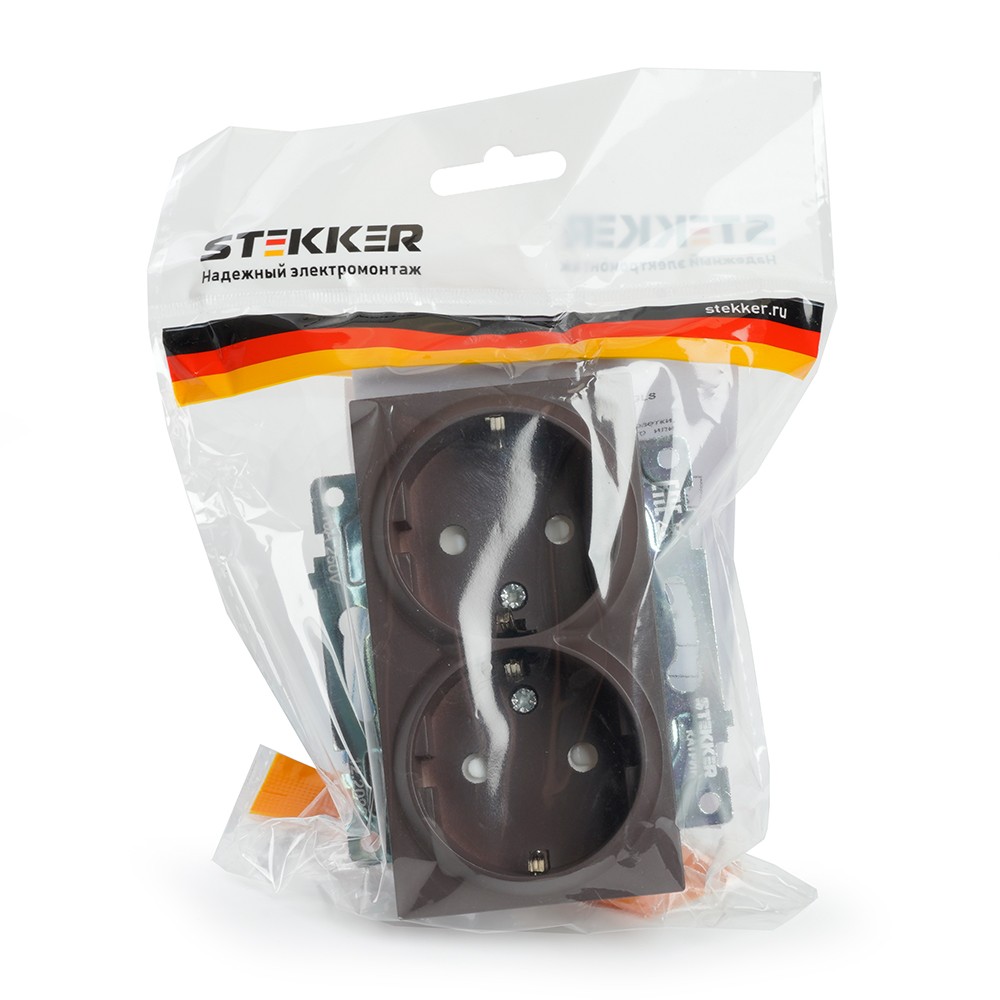 Катрин - Розетки и выключатели Stekker Розетка 2-местная с/з STEKKER GLS16-7114-04 250V 16А с защ. шторкой Катрин шоколад 49030