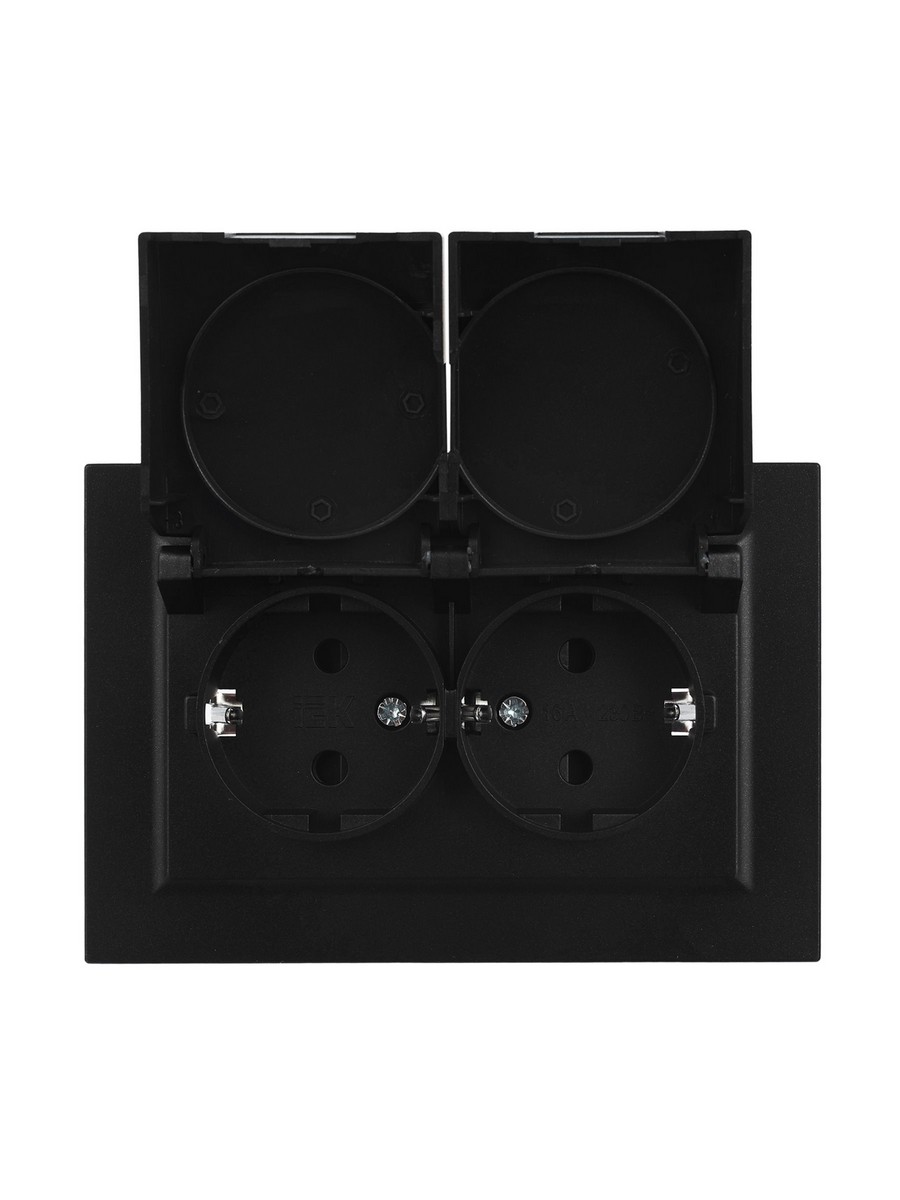 IEK Brite Черный Розетка IEK BRITE 2-ая с/з с шторками и крышкой 16А в сборе IP44 РСбш12-3-44-БрЧ черный BR-R26-16-44