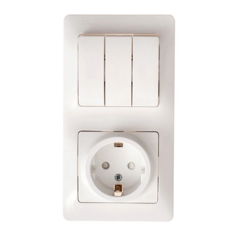 Glossa Белый Блок:Glossa Белый розетка с заземлением со шторками и 3-кл. выключатель GSL000178