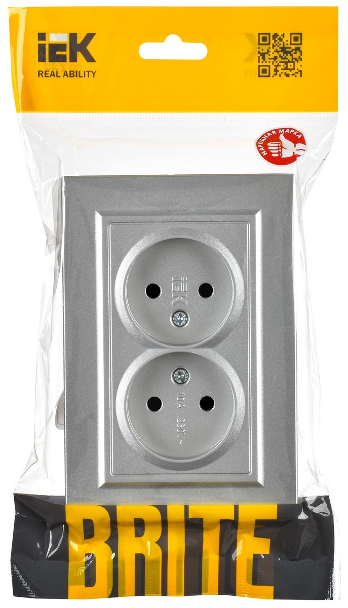 IEK Brite Алюминий Розетка IEK BRITE Алюминий 2-я без з/к с з/ш 10А в сборе РСш12-2-БрА