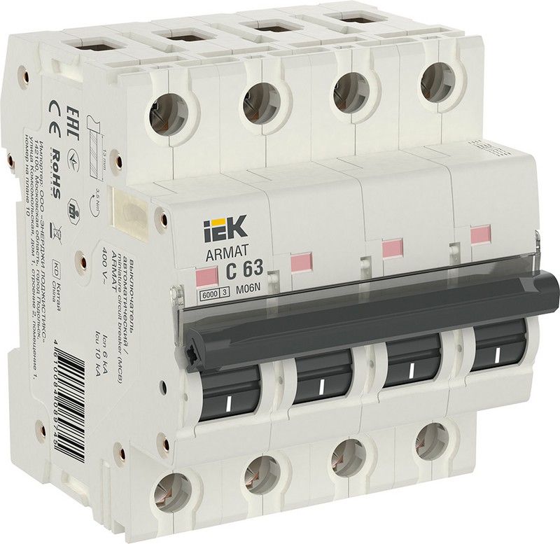 4 полюсные (четырехполюсные) Автоматический выключатель IEK ARMAT M06N 4P C 63А AR-M06N-4-C063