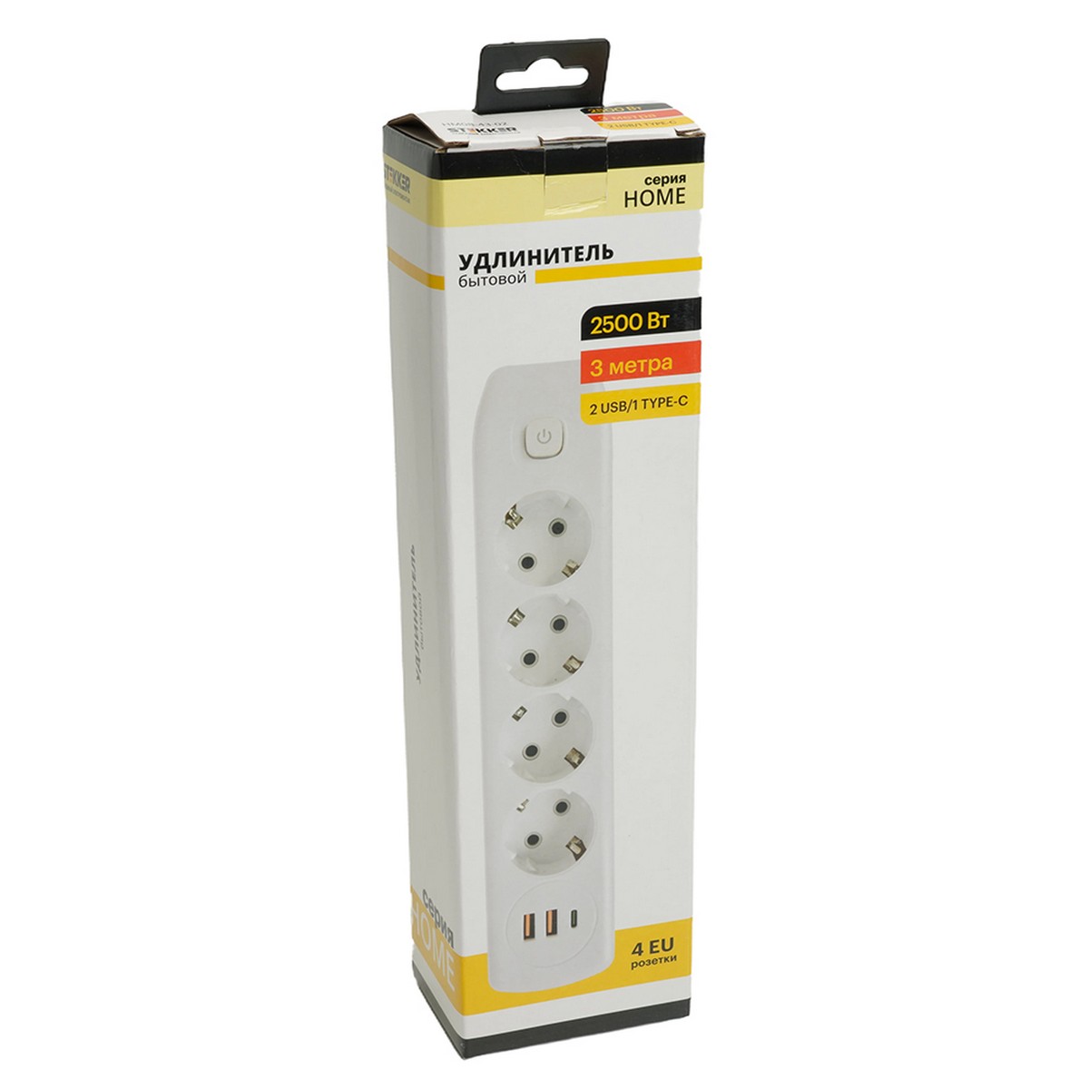 Колодки и удлинители, тройники Удлинитель STEKKER HM08-43-02 4-местный c/з 3x1 мм2 3 м 2USB+1Type-C 2,4А Home белый 49978 