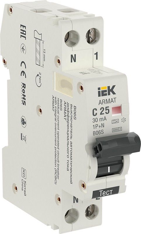 IEK АВДТ Дифф. Автомат IEK ARMAT B06S 1P+NP C25 30мА тип A (18мм) AR-B06S-1N-C25A030 