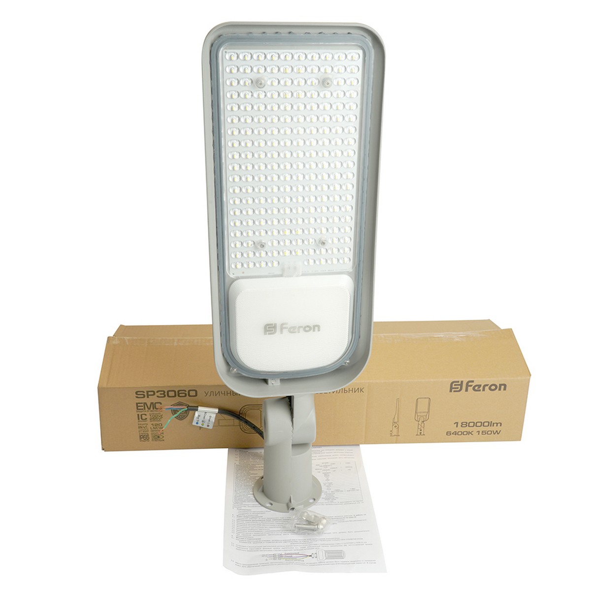 Консольные уличные светодиодные светильники на столб Светодиодный уличный консольный светильник Feron SP3060 150W 6400K 100-265V/50Hz, серый 48688 