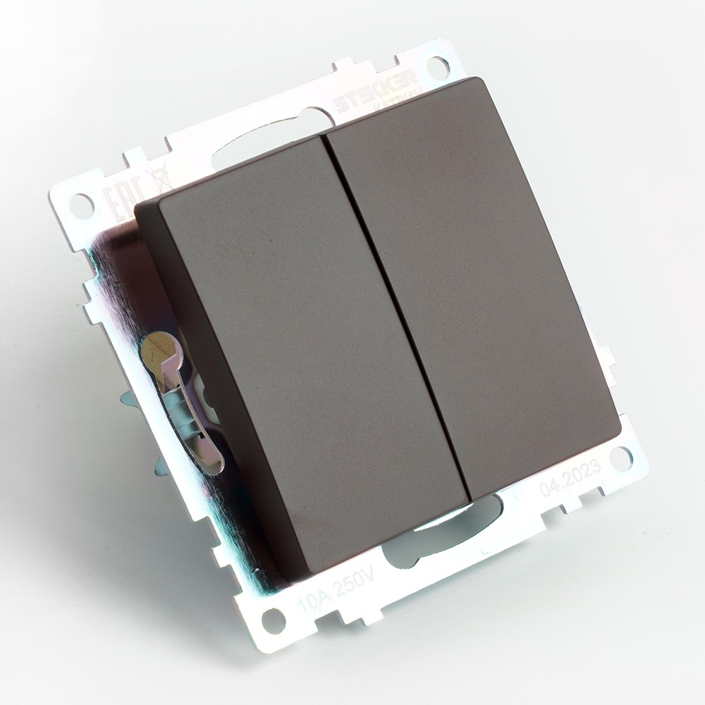 Катрин - Розетки и выключатели Stekker Переключатель 2-клавишный (механизм) STEKKER GLS10-7107-04 250V 10А Катрин шоколад 49170