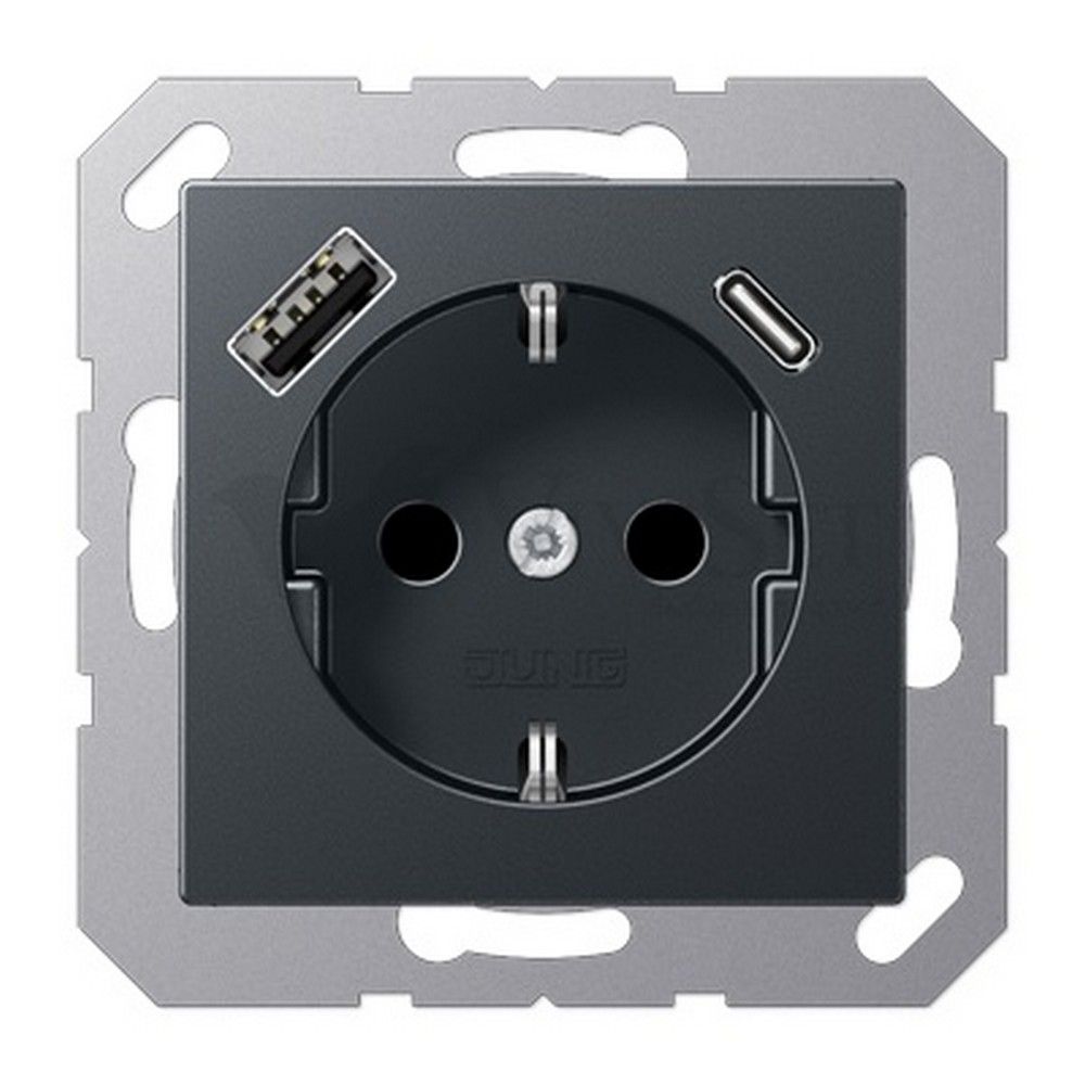 Jung Eco Profi механизмы Антрацит Розетка с заземлением + USB тип A+C, Jung Eco Profi 16А/250В антрацит матовый антрацит матовый