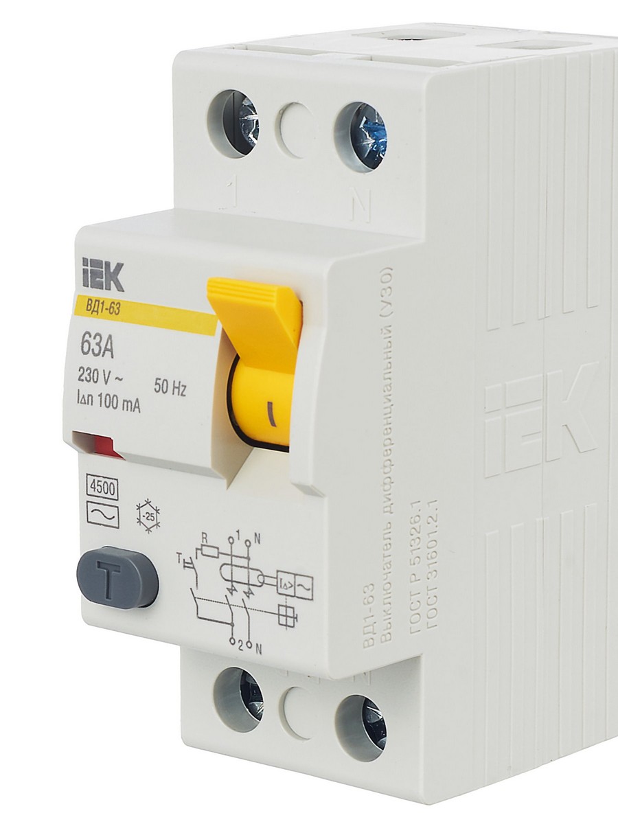 IEK Выключатель дифференциальный IEK KARAT ВД1-63 (УЗО) 2Р 63А 100мА MDV10-2-063-100 