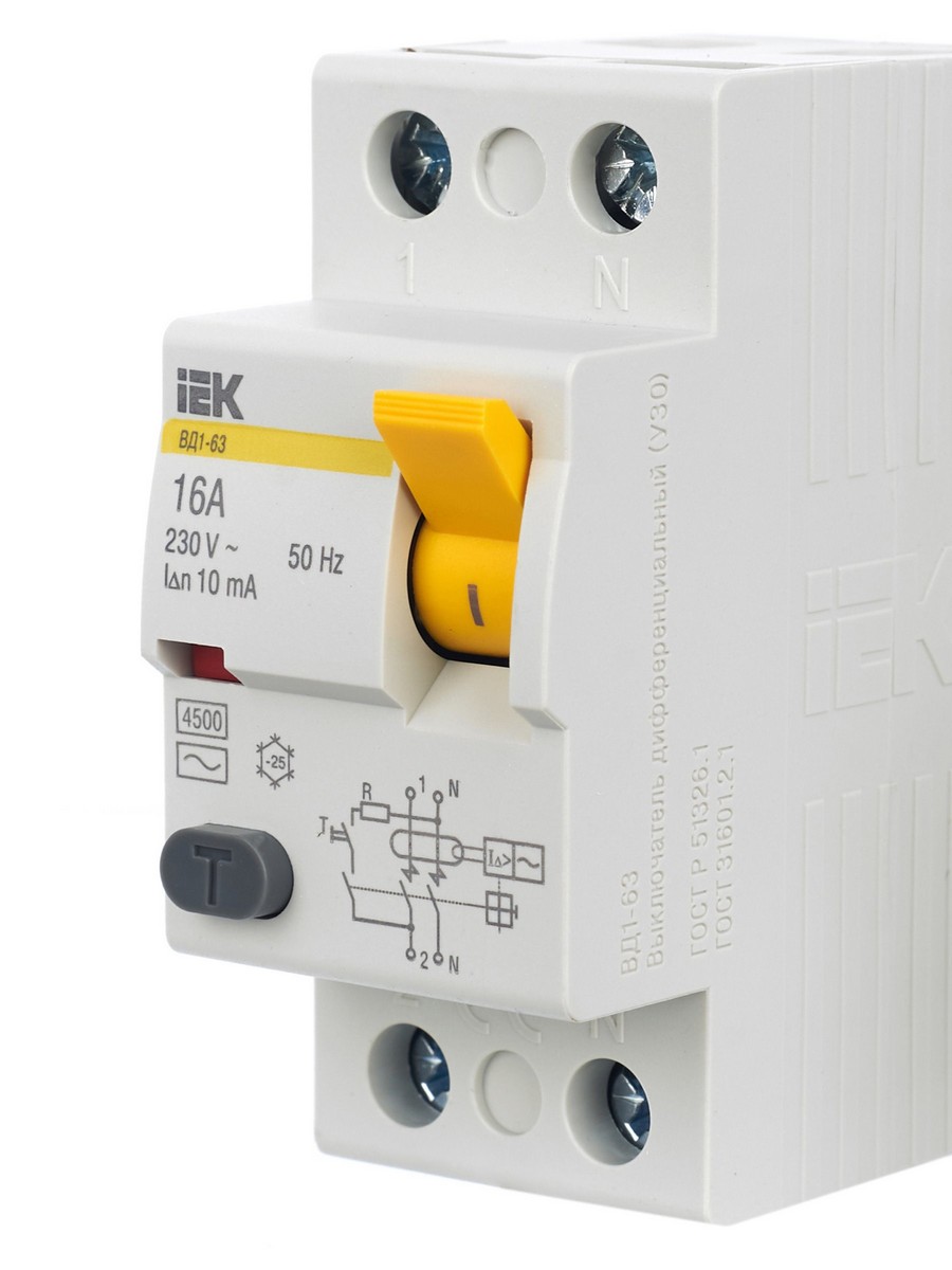 IEK Выключатель дифференциальный IEK KARAT ВД1-63 (УЗО) 2Р 16А 10мА MDV10-2-016-010 