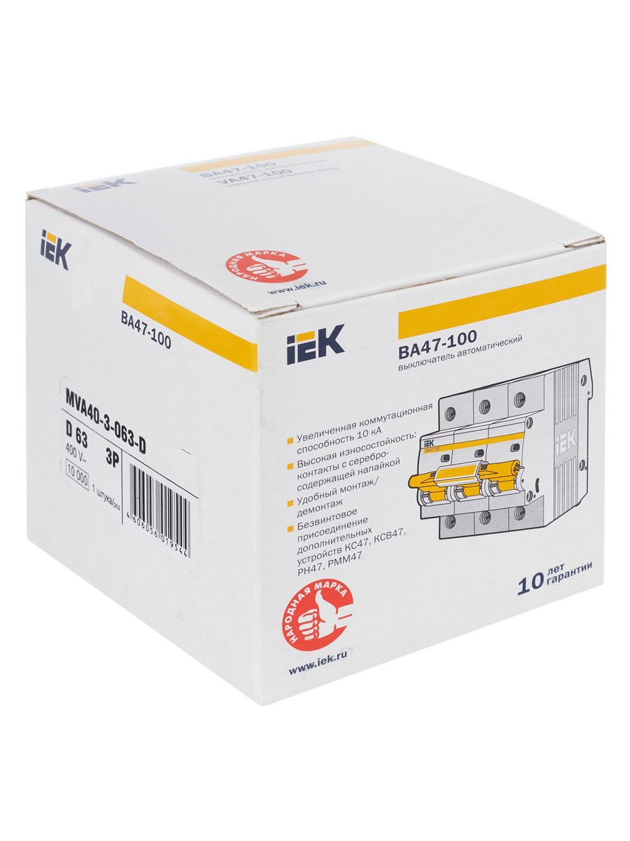 3 полюсные (трехполюсные) Автоматический выключатель IEK KARAT ВА47-100 3Р 63А 10кА х-ка D MVA40-3-063-D 
