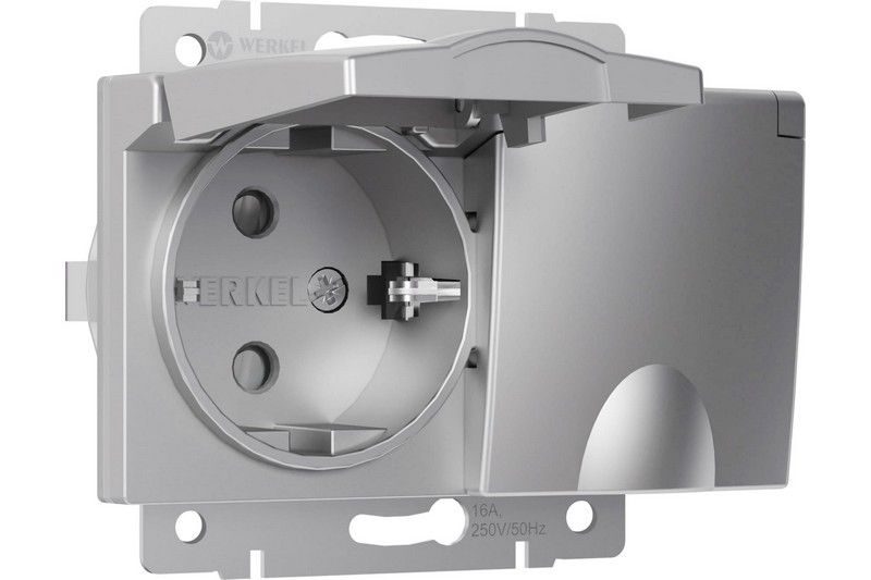 Werkel Серебряный механизмы Розетка Werkel двойная влагозащ. с зазем. с защит. крышками и шторками (серебряный) W1172206