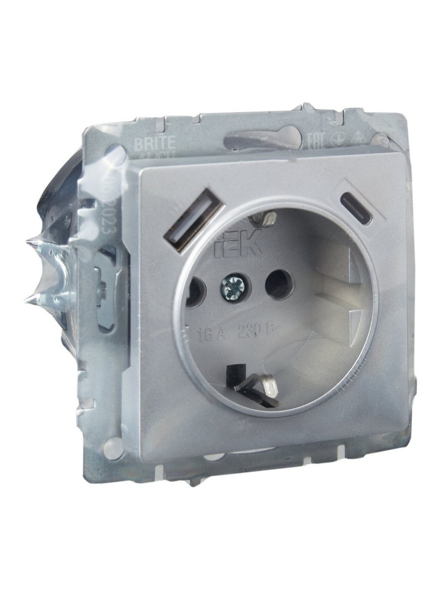 IEK Brite Алюминий Розетка IEK BRITE с с/з и шторками 16А с USB A+C 18Вт РЮш11-1-БрА алюминий BR-R14-16-U22-018-K47