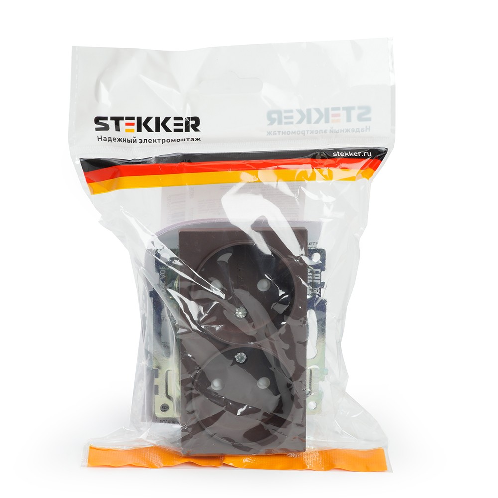 Катрин - Розетки и выключатели Stekker Розетка 2-местная б/з STEKKER GLS10-7113-04 250V 10А с защ. шторкой Катрин шоколад 49026