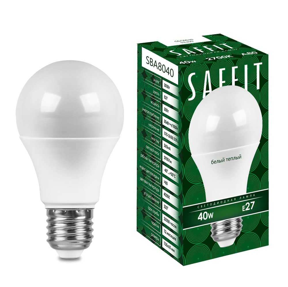 E27 Лампа светодиодная SAFFIT SBA8040 Шар E27 40W 2700K 55200 
