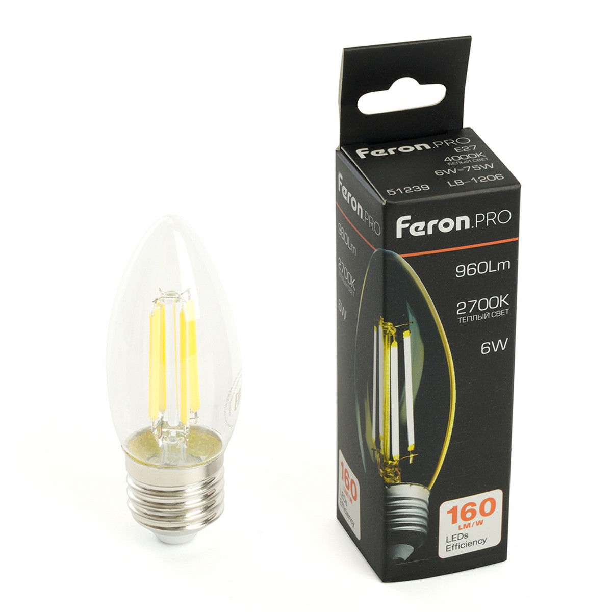 E27 Лампа светодиодная Feron.PRO LB-1206 Свеча E27 6W 175-265V 2700K 51238