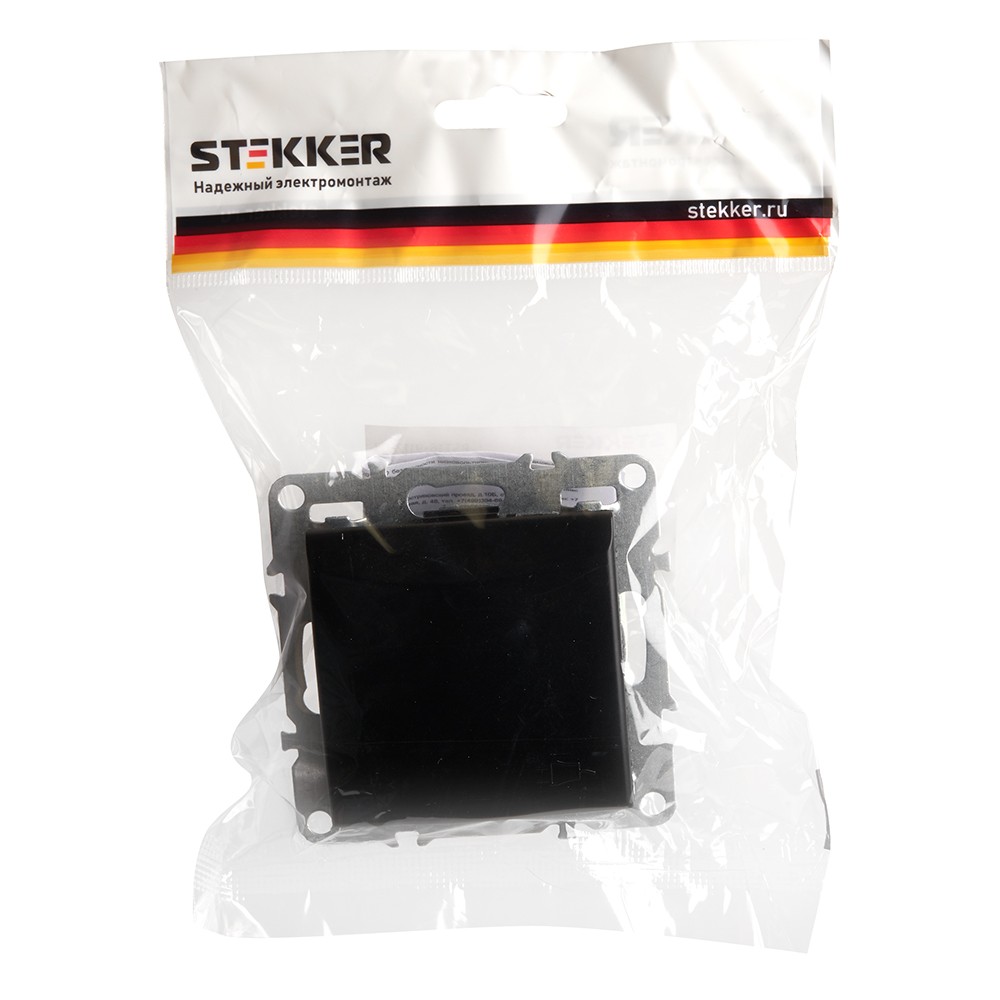 Эрна - Розетки и выключатели Stekker Розетка 1-местная с/з с крышкой STEKKER PST16-9112-03 16А с защ. шторкой Эрна черный 49156
