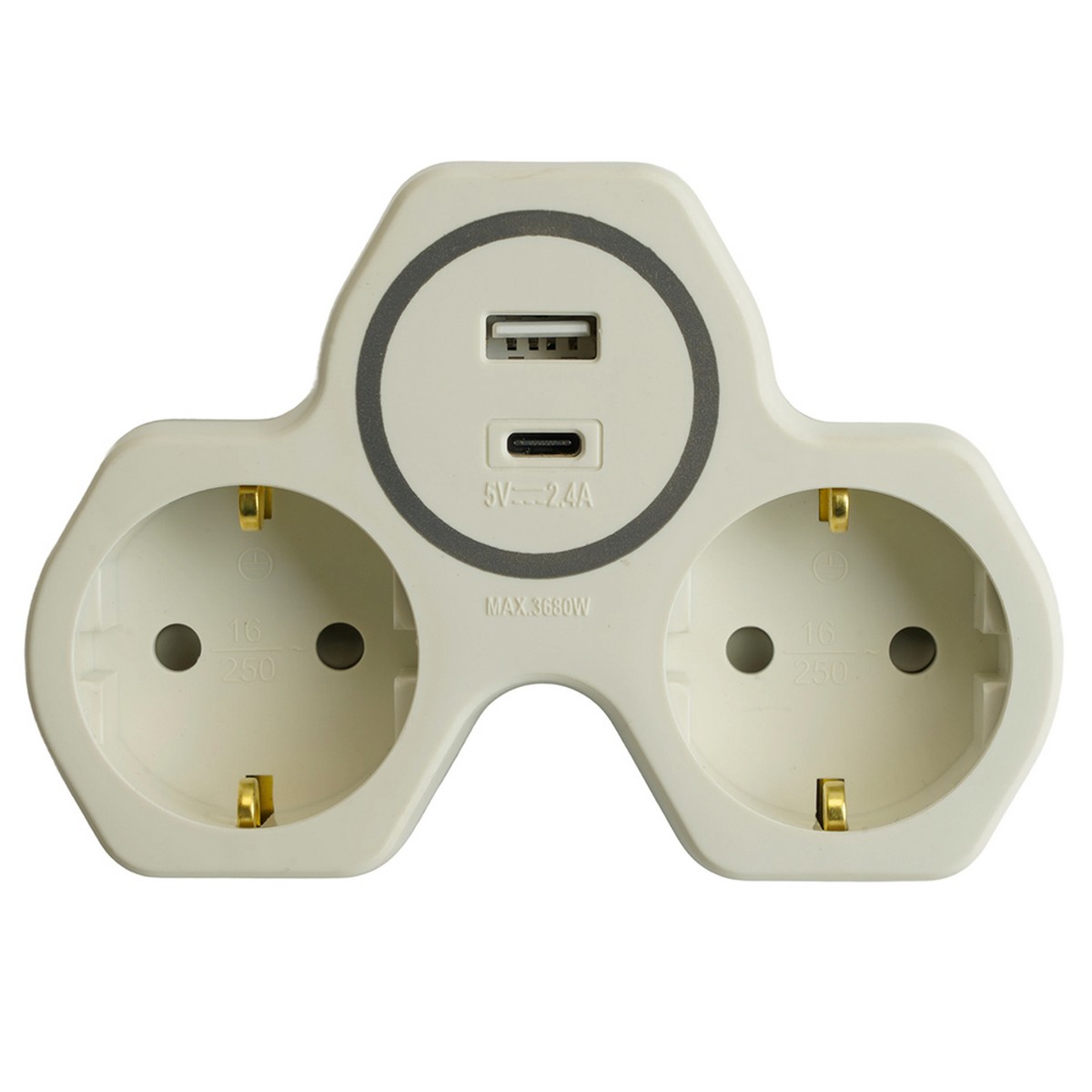 Колодки и удлинители, тройники Разветвитель сетевой 2-местный с/з STEKKER ADP16-15-20 и USB+Type C на 2.4А белый/серый 50071 