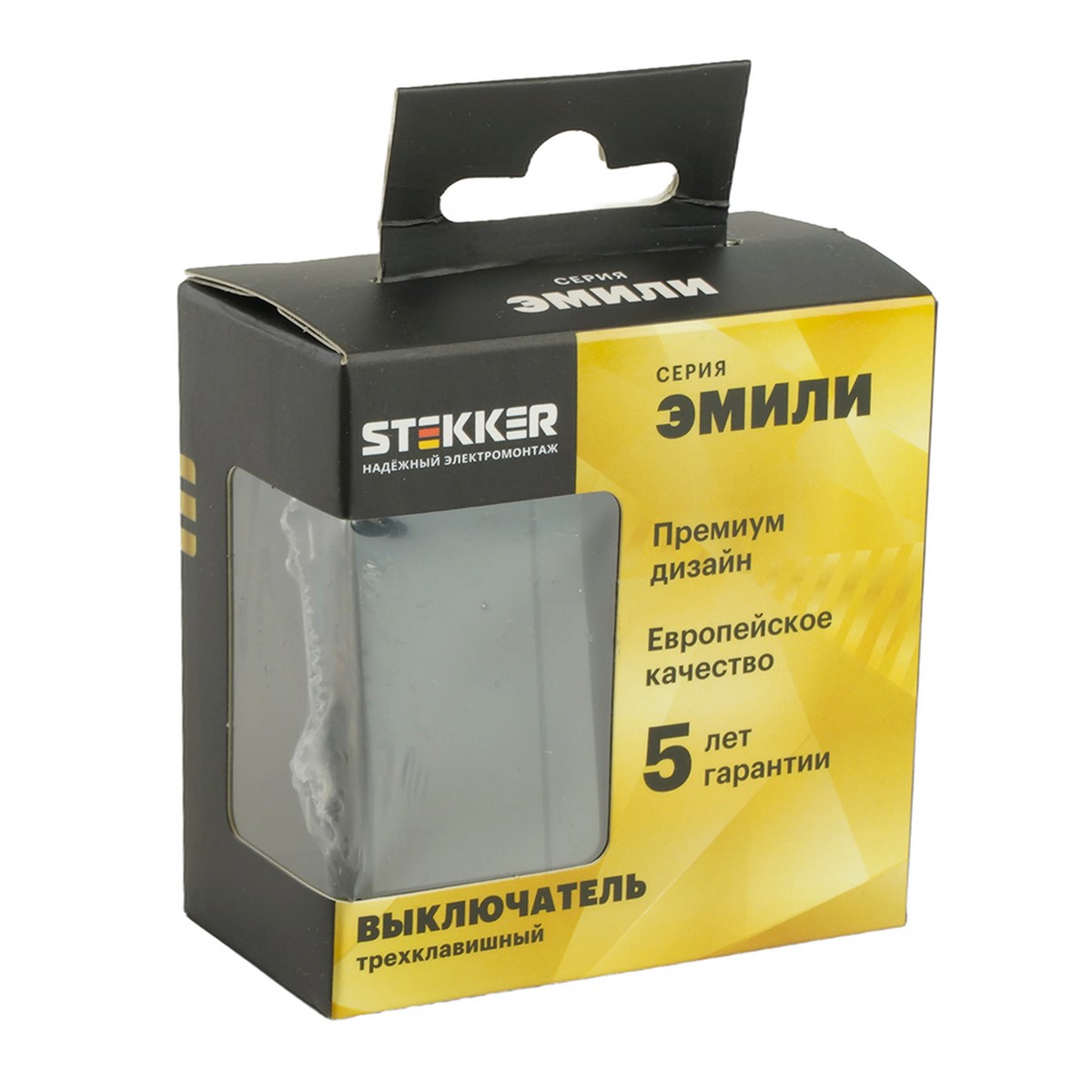 Эмили - Розетки и выключатели Stekker Выключатель 3-клавишный STEKKER Эмили RSW10-5108-05 черный уголь soft touch 49844