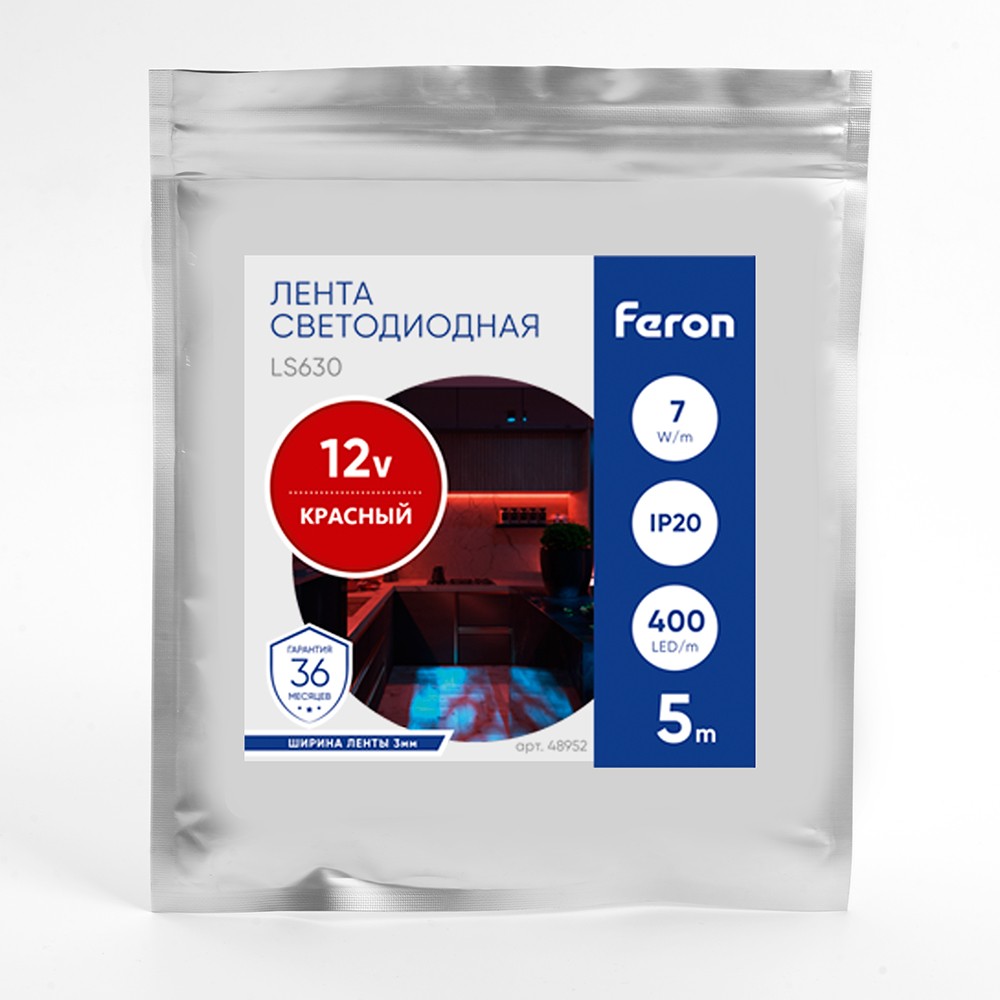 Светодиодная лента красная Лента светодиодная Feron LS630 COB 400SMD(2110)/м 7Вт/м 12V красный IP20 5 метров 48952 