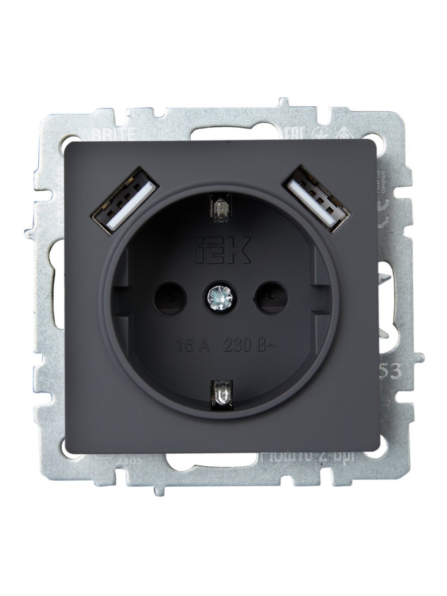 IEK Brite Графит Розетка IEK BRITE с с/з и шторками 16А с USB A+A 3,1А РЮш10-2-БрГ графит BR-R14-16-U21-D31-K53