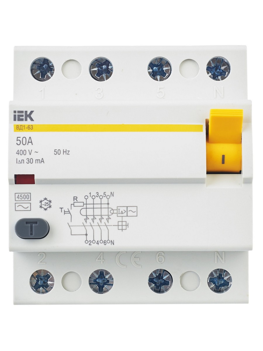 IEK Выключатель дифференциальный IEK KARAT ВД1-63 (УЗО) 4Р 50А 30мА MDV10-4-050-030 