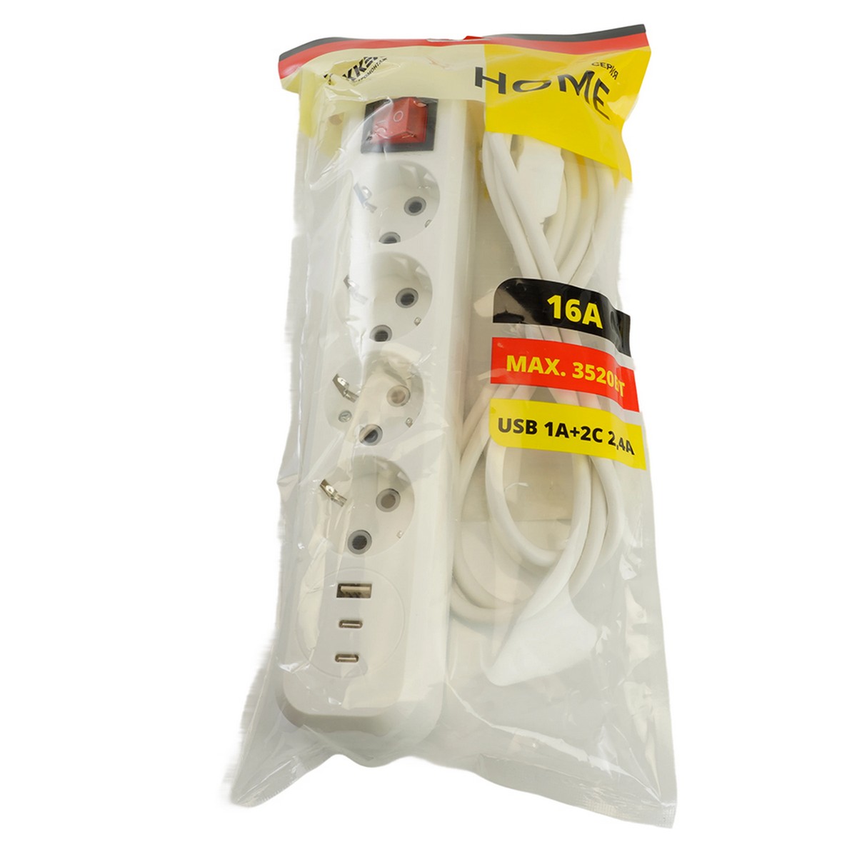 Колодки и удлинители, тройники Удлинитель 4-местный с/з с выключ. STEKKER HM071-41-05 5м 1USB+2C 2.4A Home белый 50141 