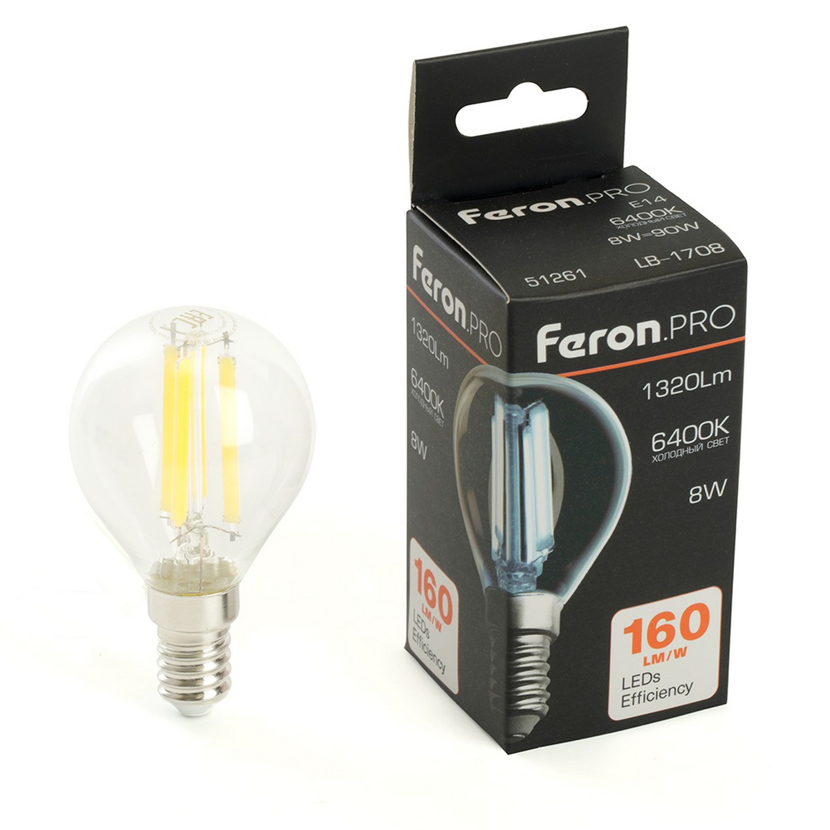 E14 Лампа светодиодная Feron.PRO LB-1708 Шарик E14 8W 175-265V 6400K 51261