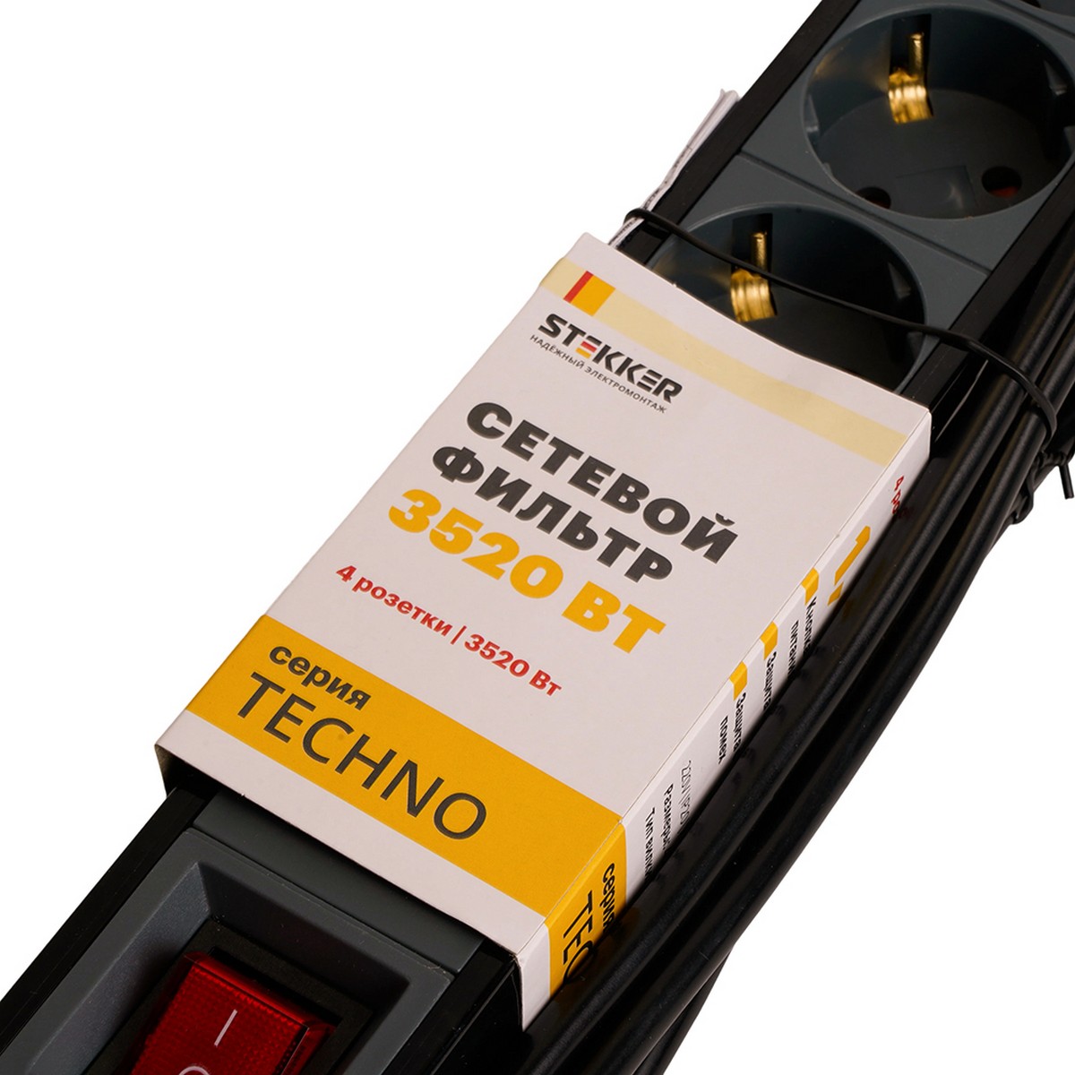 Колодки и удлинители, тройники Сетевой фильтр 4-местный с/з STEKKER HM22-41-05 5 м Techno черный 50158 