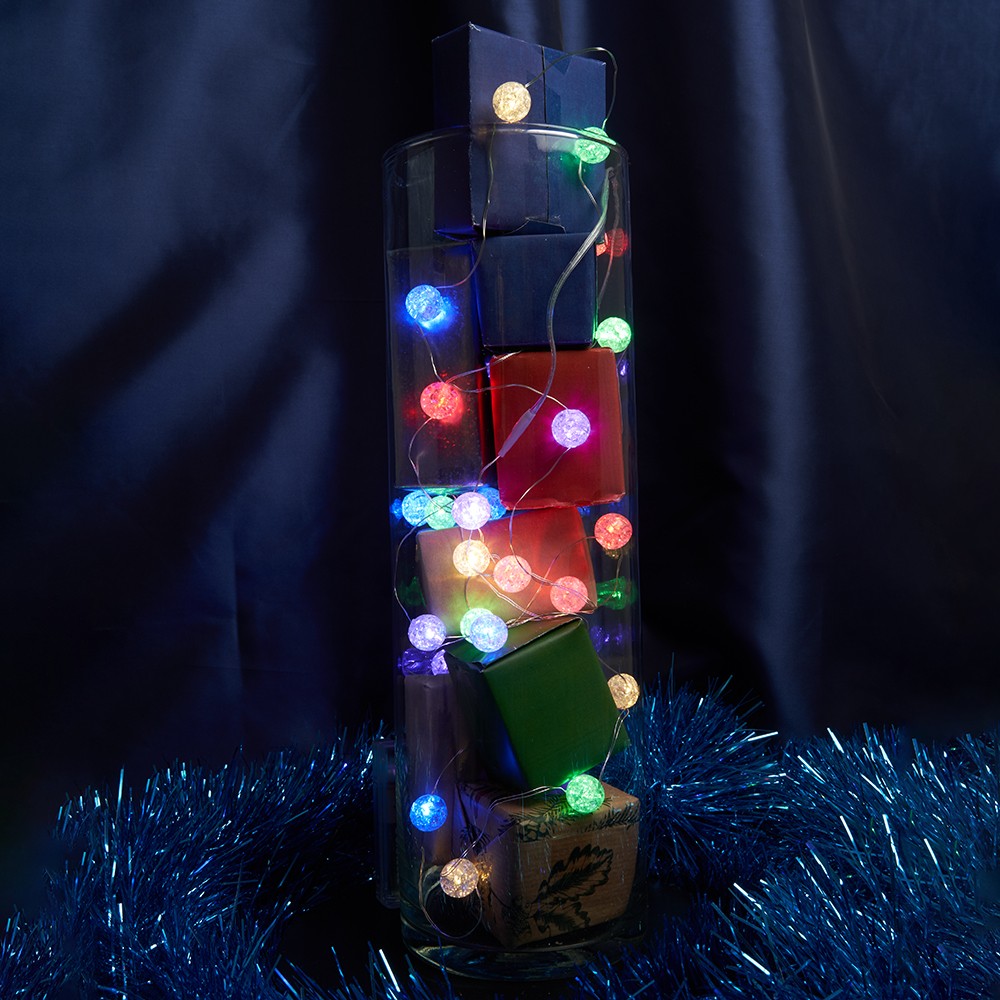 Светодиодная гирлянда Feron CL565 линейная Лед шарики статичная 3м + 0.3м мультиколор с питанием от батареек прозрачный шнур 48612