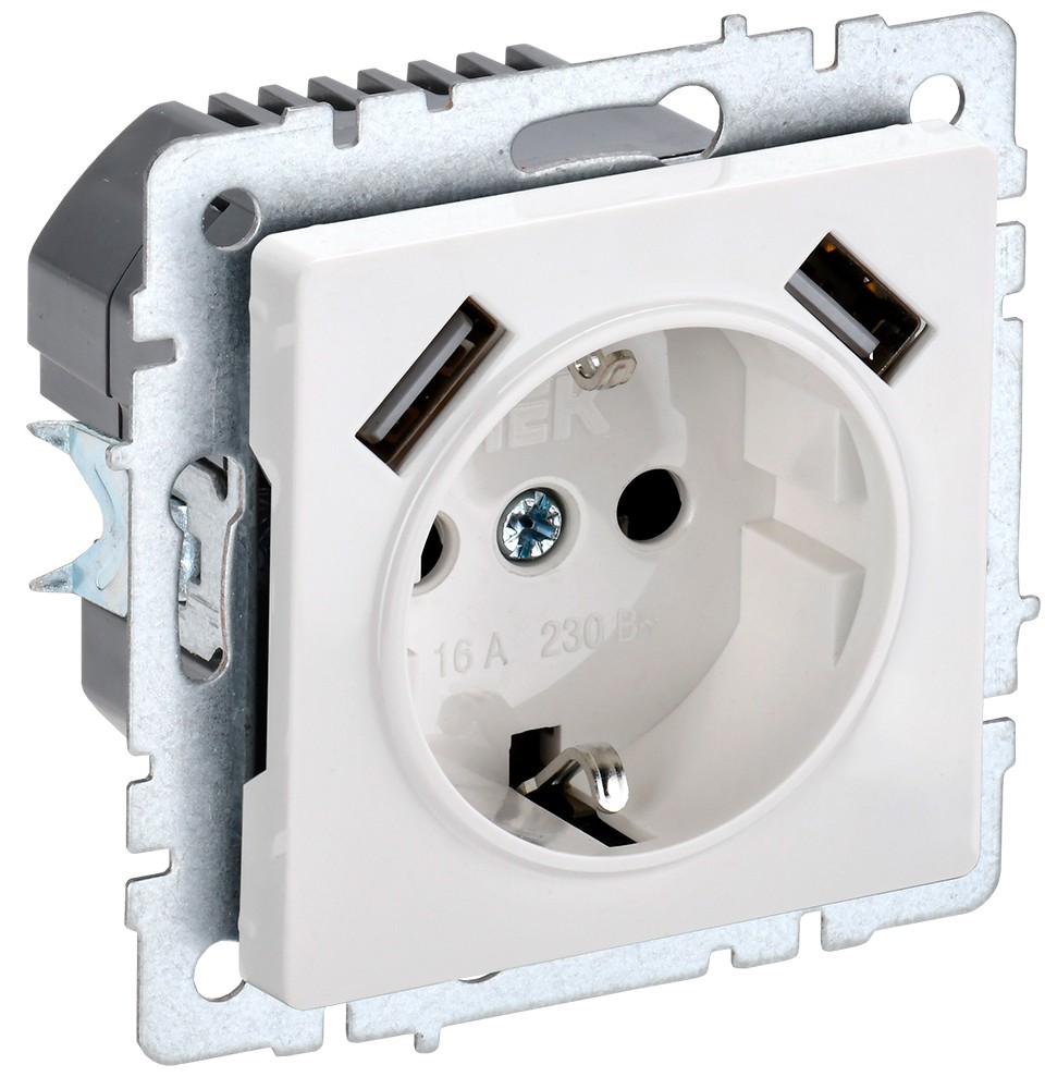 IEK Brite Белый Розетка IEK BRITE с с/з и шторками 16А с USB A+A 2,1А РЮш10-1-БрБ белый BR-R14-16-U21-D21-K01