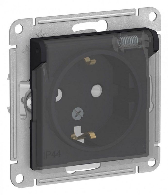 AtlasDesign Карбон Розетка Systeme Electric AtlasDesign Aqua Карбон с/з со шторками, с крышкой, 16А, IP44, механизм ATN441046