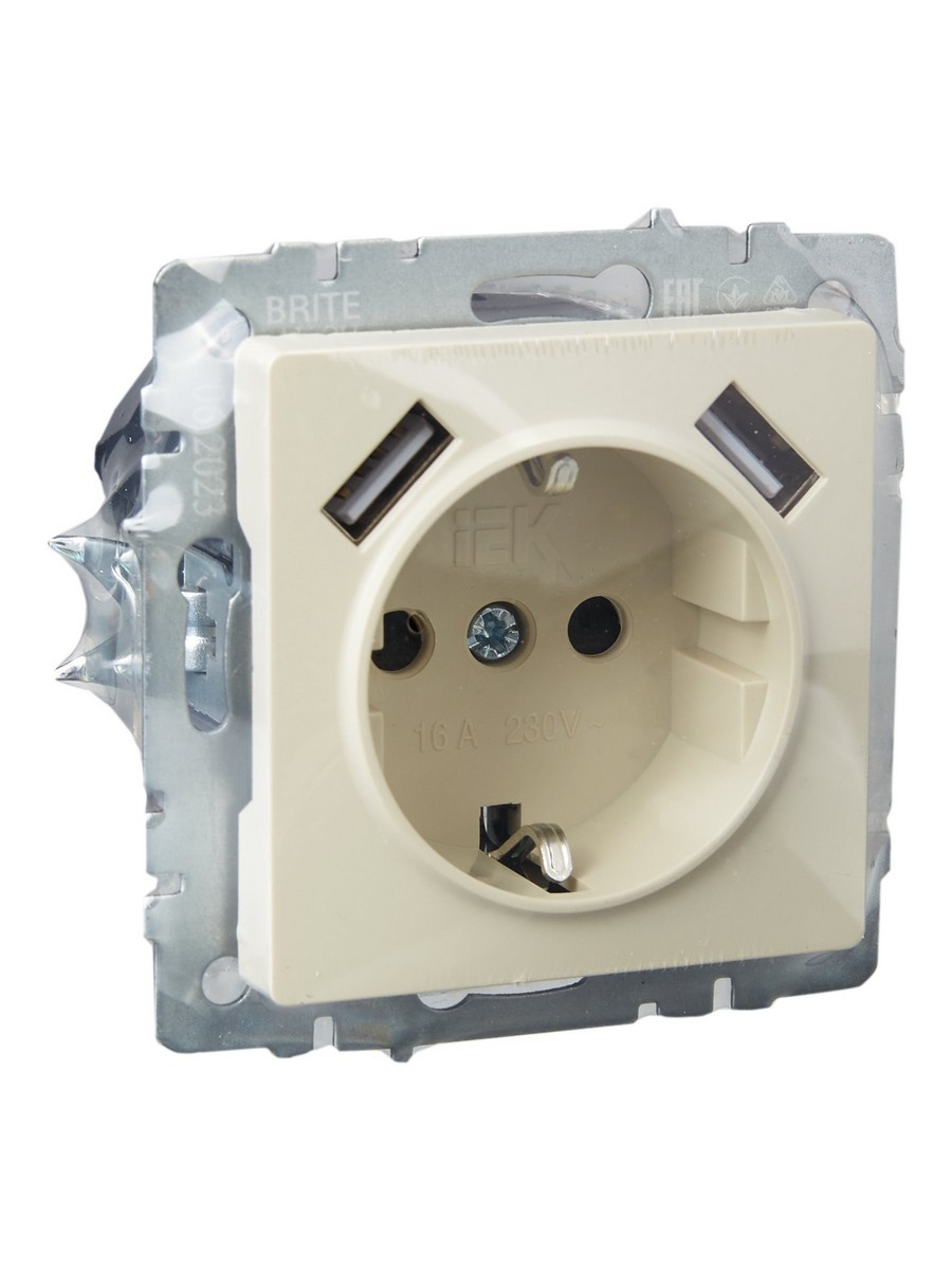 IEK Brite Бежевый Розетка IEK BRITE с с/з и шторками 16А с USB A+A 2,1А РЮш10-1-БрКр бежевый BR-R14-16-U21-D21-K10