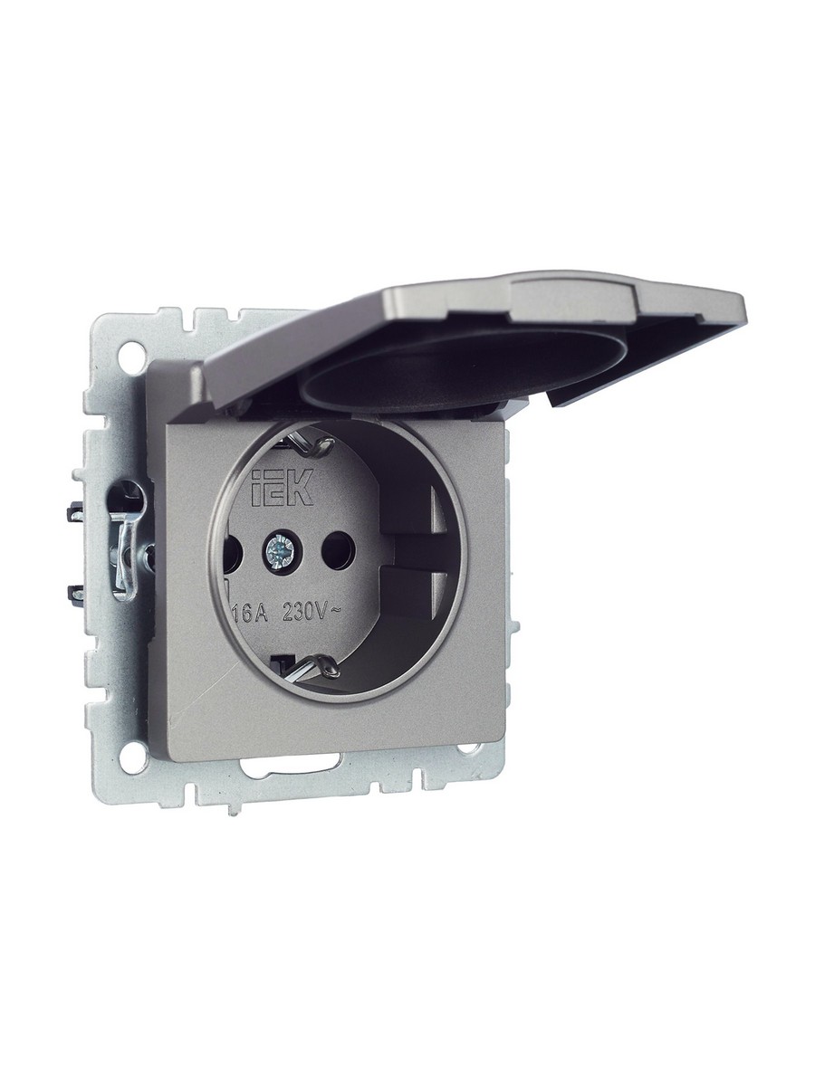 IEK Brite Сталь Розетка IEK BRITE с/з с шторками и крышкой 16А IP20 РСбш10-3-БрС сталь BR-R16-16-K46