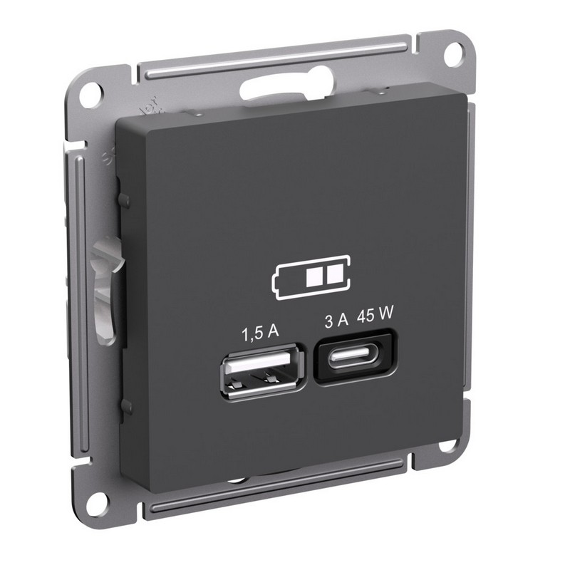 AtlasDesign Базальт Розетка Systeme Electric AtlasDesign Базальт USB A + 45Вт высокоскор.заряд. QC, PD, ATN001429