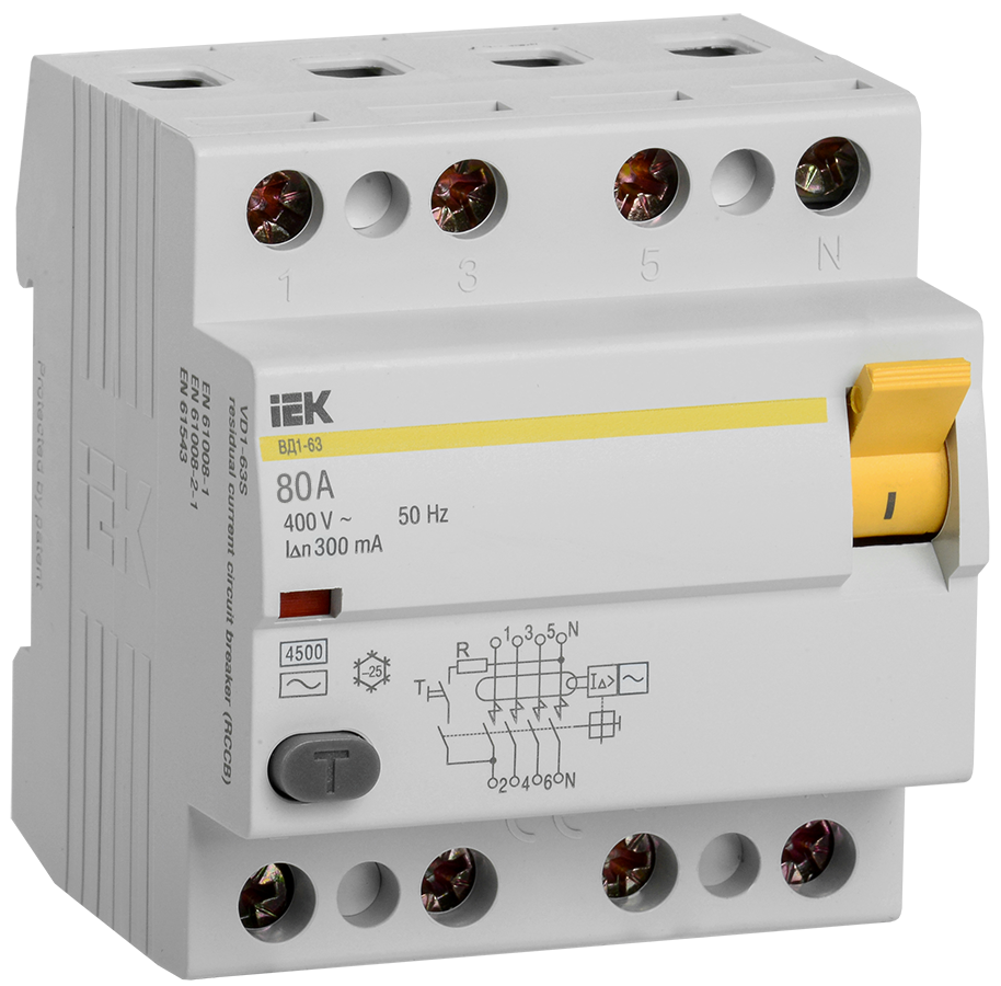 IEK Выключатель дифференциальный IEK KARAT ВД1-63 (УЗО) 4Р 80А 300мА MDV10-4-080-300 