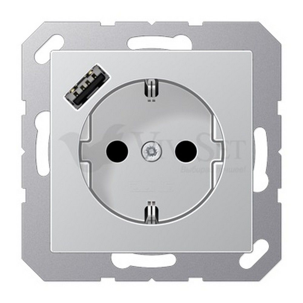 Jung Eco Profi механизмы Алюминий Розетка с заземлением + USB тип A, Jung 16А/250В алюминий пластик под алюминий