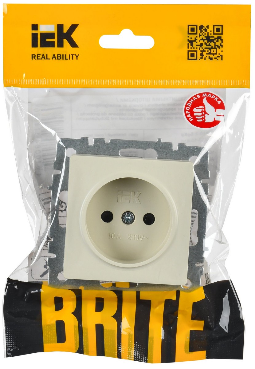 IEK Brite Бежевый Розетка IEK BRITE BASE Бежевый без з/к с з/ш 10А РСш10-2-БрКр BR-R13-10-K10