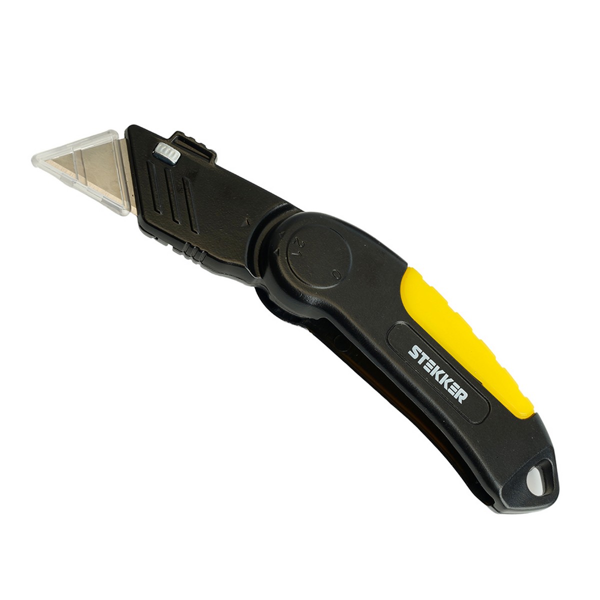 Нож строительно-монтажный с трапециевидным лезвием, 19 мм, 1 лезвие в рукоятке, STEKKER KMU-11-T 50198 фото