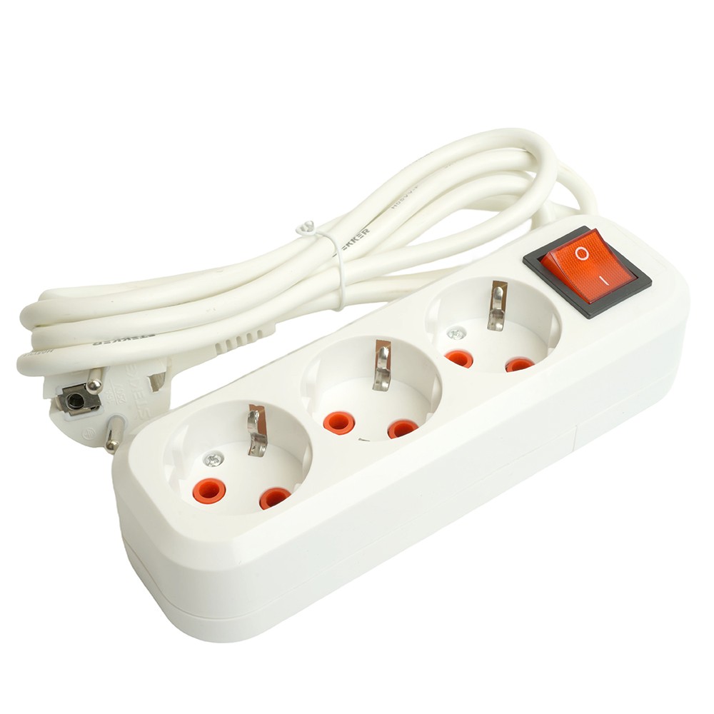 Колодки и удлинители, тройники Удлинитель STEKKER трехместный с/з с выключ. HM07-31-02 2м Home (У16А-002) белый 49353 