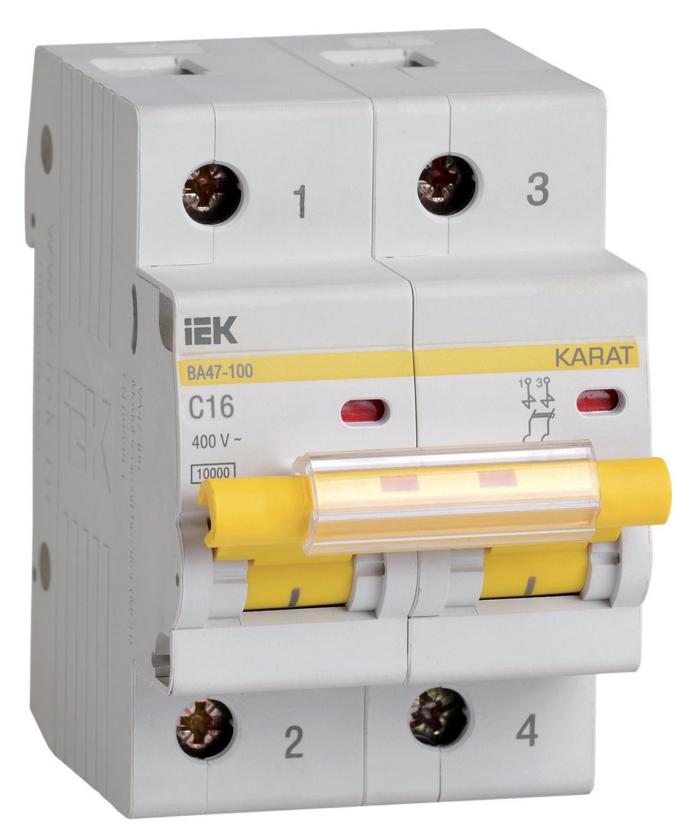 2 полюсные (двухполюсные) Автоматический выключатель IEK KARAT ВА 47-100 2Р 16А 10 кА х-ка С MVA40-2-016-C 