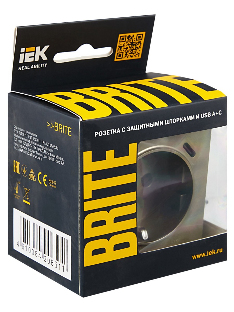 IEK Brite Шампань Розетка IEK BRITE с с/з и шторками 16А с USB A+C 18Вт РЮш11-1-БрШ шампань BR-R14-16-U22-018-K37