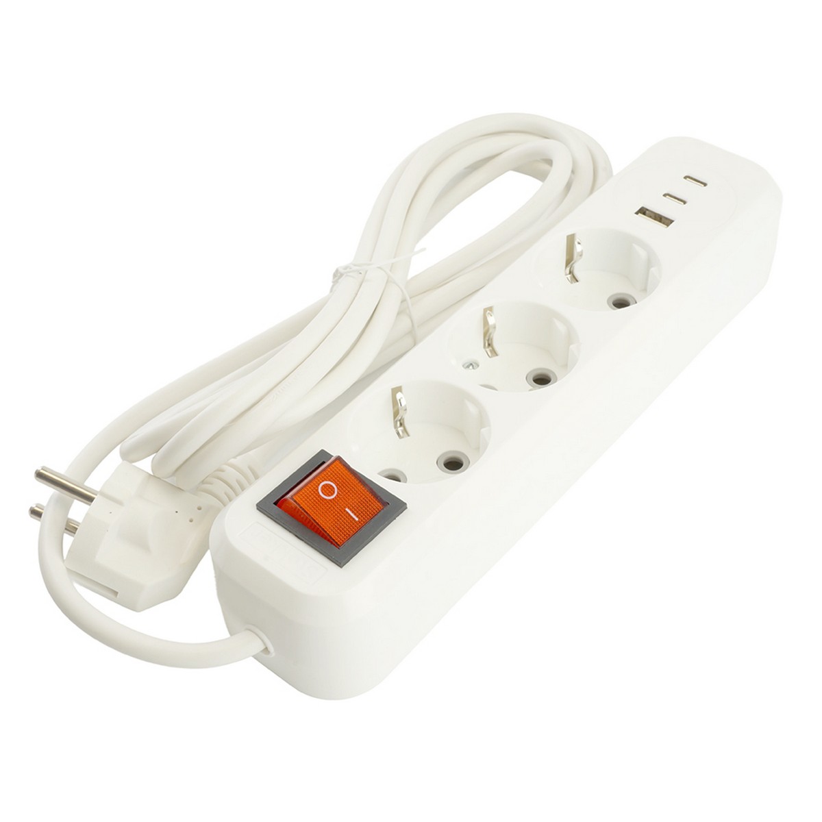 Колодки и удлинители, тройники Удлинитель 3-местный с/з с выключателем STEKKER HM071-31-05 5м 1USB+2C 2.4A Home белый 50138 